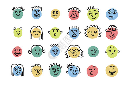 不同的情感和情绪 画简单的圆面手画的卡通涂鸦风格团体微笑眼睛收藏喜悦卡通片笑脸铅笔符号图片