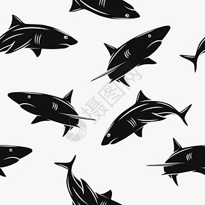 矢量无缝模式与卡通鲨鱼剪影 与剪影鲨鱼的无缝纹理 海洋捕食者 海洋 海洋 海洋动物 纺织品 墙纸印刷的鲨鱼角色设计海上生活卡片模图片