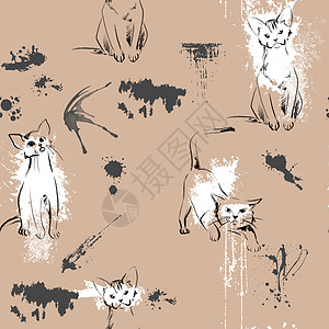 抽象线条猫图案手画用于印刷设计 装饰性纺织无缝模式宠物蓝色太阳镜小猫猫纹海浪背景卡通片手绘织物图片