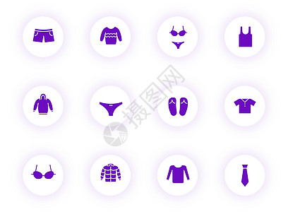 光圆按钮上的紫色向量图标衣服领带裤子袜子衬衫用户插图内衣衣架牛仔裤展示图片
