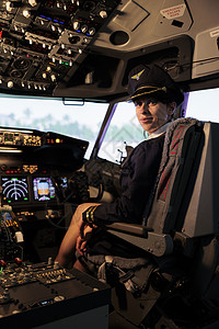 坐在飞机机舱飞行飞机的女飞行员肖像图象图片