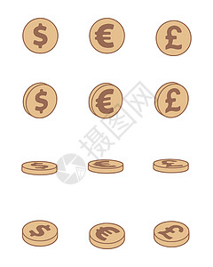 以卡通风格制作的美元 欧元和英镑等矢量硬币组合 金融与银行剪辑艺术图片