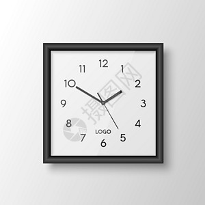 矢量 3d 逼真方形墙壁办公室时钟与黑色框架 设计模板隔离在白色 使用罗马数字拨号 用于品牌和广告隔离的挂钟模型 钟面设计速度圆图片