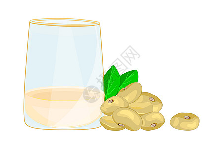 黄豆牛奶一杯大豆牛奶和大豆 绿叶是白底的孤立插画
