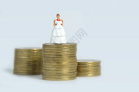 新娘婚纱预算 迷你人物插图概念 女性站在硬币钱堆之上 图像图片照片 女马夫裙子幸福婚姻已婚储蓄传统贷款经济现金图片
