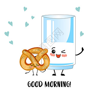 早上好 卡片上写着可爱的卡通人物 克罗桑或普瑞策和一杯牛奶 儿童早餐 健康食物图片