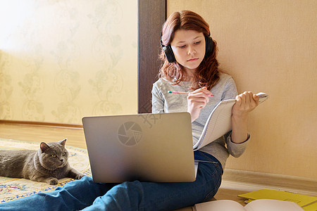与猫一起使用笔记本电脑在家学习的少女朋友动物女士学生技术互联网青春期孩子教育宠物图片