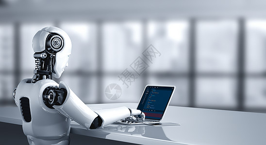 机器人人在计算机屏幕上制作软件开发程序 用于现代应用的计算机屏幕科学笔记本编码监视器机器动物公司网络技术电脑背景