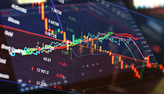 技术价格图表和指标 蓝色主题屏幕上的红色和绿色烛台图表 市场波动 上下趋势 股票交易 加密货币背景商业制作人投资生长库存外汇金融图片