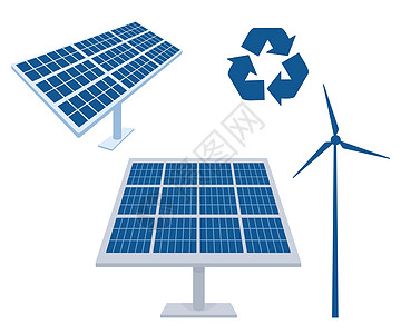 太阳能电池板组 矢量平面插图光伏电池隔离在白色 风力发电机和回收标志图片