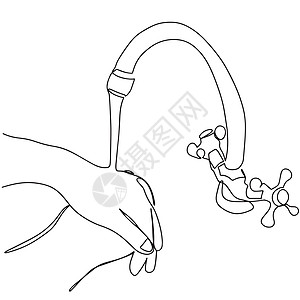 连续绘制一行的“洗手手”图标 轮廓矢量标志用水龙头下的手清洗 线性象形图在白色上隔离 卫生符号图片