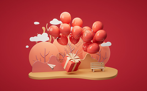 配有卡通风格的气球 3D翻版的礼品盒问候语庆典卡通片购物装饰品插图店铺礼物盒电子商务包装背景图片