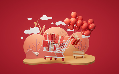 配有卡通风格的气球 3D翻版的礼品盒公园店铺包装盒节日广告周年活动零售纪念日礼物图片