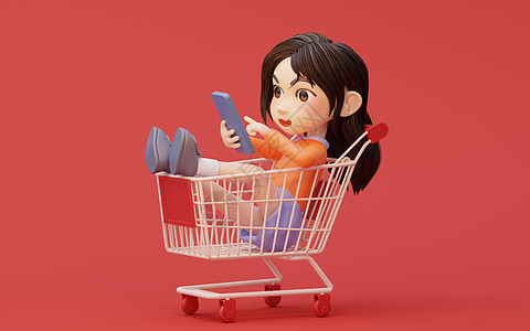 女孩购物主题与卡通风格 3D造型青少年喜悦卡通片微笑女性消费者孩子顾客购物者市场图片