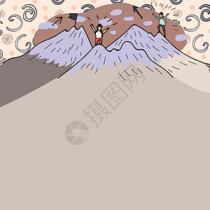 在有雪的山顶徒步旅行的人下方显示的消息 两名徒步旅行者攀登悬崖以达到目标 上升与云彩的登山人在背景中山峰环境蓝色乐趣快乐庆典日落图片