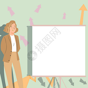 在演示板上展示重要信息 穿西装的女人在面板上显示重要信息 背景中有箭头 显示新想法成人领导推介会微笑幸福计算机男人经理套装商业图片