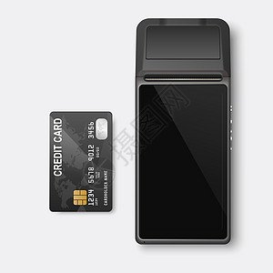 矢量 3d NFC 支付机和孤立的黑色塑料信用卡 Wi-Fi 无线支付 POS 终端 机器设计模板 银行支付非接触式终端 样机 图片