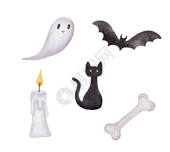 水彩鬼 蝙蝠和黑猫 万圣节的一组说明 在白色上被孤立图片