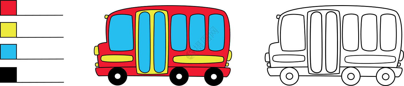以示例白背景绘制彩色模式公交车漫画人物乘客蓝色黄色运输轮子草图标识孩子图片
