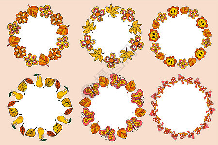 设置复古复古 70 年代圆形框架的秋叶 秋天 树叶 花圈 丝带 矢量图图片