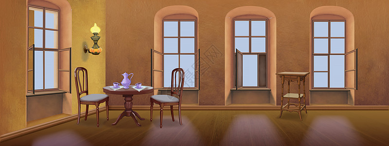 室内内部 回换风格插图数字窗户古董建筑学椅子房间桌子绘画色彩图片