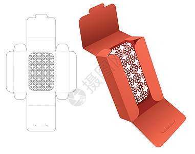 纸板上锁定点容器 带有固定模式的死切模板和 3D 模型图片