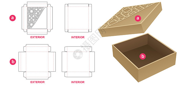 硬铁锡箱和盖有固定阿拉伯模式的盖子死板模板和3D模型图片