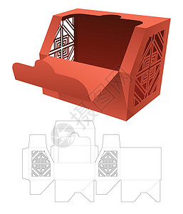 带钢印图案模切模板和 3D 模型的拉链倒角盒高清图片