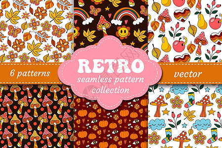 Retro 70s 迷幻性无缝模式组装 喜好嬉皮士背景 卡通有鲜花和蘑菇的flowky印刷品 嬉皮臀型矢量图片