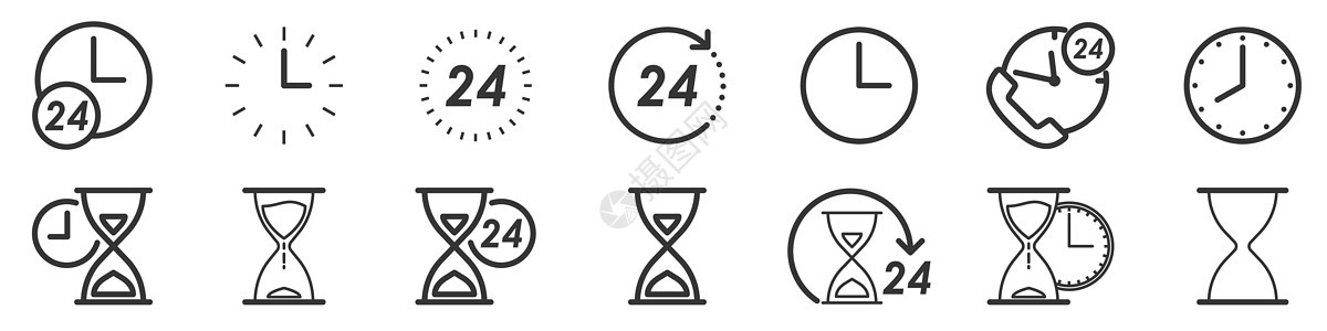 薄线样式的矢量时间和时钟图标黑色警报圆圈界面手表圆形速度商业计时员白色背景图片