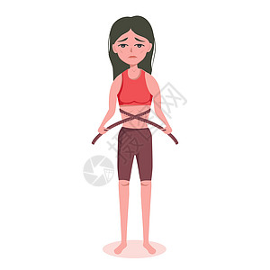 身瘦如甚薄的妇女 有精神失常症和贪食症 用一厘米胶带测量腰部 感到脂肪 对体重不满意 想减肥更多图片