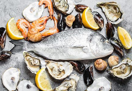 鱼类和海鲜类桌子餐厅食物市场柠檬饮食烹饪奢华牡蛎海洋图片