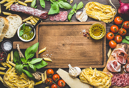 意大利传统食品和开胃菜意大利火腿草本植物面包小吃木板乡村午餐美食框架菜单图片