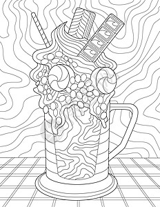 着色书页与杯子满满的巧克力和糖果在布桌上 用装满饮料和糖果的杯子上色的床单 在柜台设置的点心图片