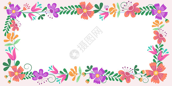 周围有叶子和花朵的框架和里面的重要公告 到处都是不同植物的框架和重要信息 有最近想法的花盒图案雏菊计算机元素庆典装饰绿色邀请函问图片