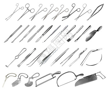 一套手术器械 镊子 手术刀 锯子 截肢刀 显微手术钳和夹子 腹部刮刀 钩子 针头 不同形状和用途的剪刀 向量图片