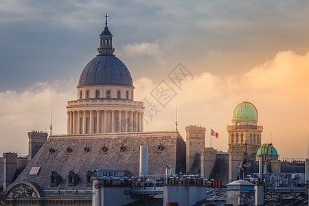 Pantheon和法国建筑 巴黎环地拉丁 巴黎柱子地标历史路灯地平线景观住宅日落文化天际图片