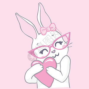 戴着粉红色眼镜的可爱小兔子 甜美女孩口号 有趣的兔子脸 儿童印刷设计 儿童 T 恤 婴儿服装的矢量插图打印邀请函孩子们艺术孩子卡图片