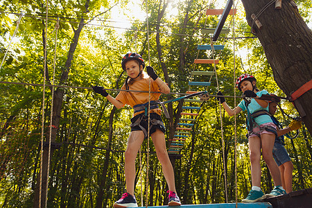 集中的孩子们爬在高绳子公园里危险操场登山者勇气学校活动行动闲暇力量木头图片