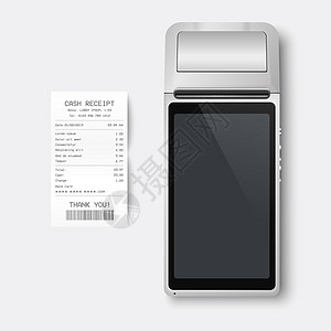 矢量 3d 黑色 NFC 支付机和纸质支票 收据隔离 WiFi 无线支付 POS 终端 银行支付非接触式终端的机器设计模板 样机设计图片