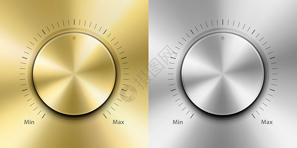 矢量逼真的黄色金色和灰色银色钢铬金属旋钮 圆形按钮特写 金属设计模板 电源音量播放控制图片
