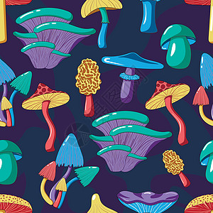 无缝模式与迷幻致幻蘑菇的无缝模式 以70年代嬉皮士风格 在黑暗的抽象背景下涂鸦催眠旅行药品打印魔法墙纸海报海浪漩涡图片