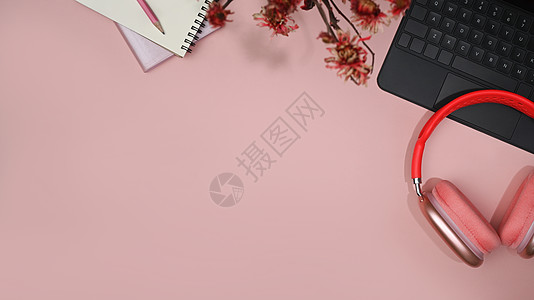 不锈钢配件顶端无线耳机 膝上型 笔记本和粉红色背景的花盆背景