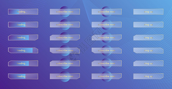 玻璃态射效应 一套透明的磨砂亚克力按钮和加载条 紫色背景上的蓝色渐变圆圈 逼真的玻璃形态哑光有机玻璃形状 向量背景图片