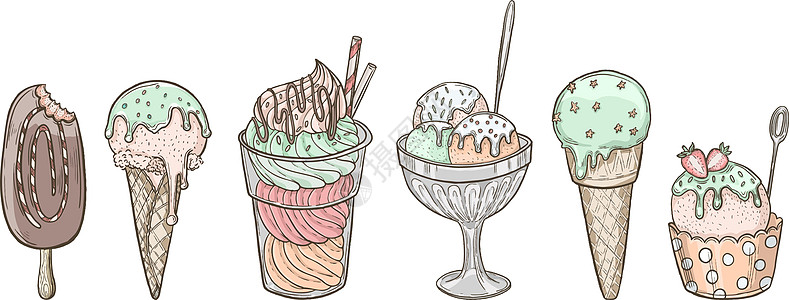手绘插图集的冰淇淋 手绘草图 冰淇淋绘图涂鸦集合图片