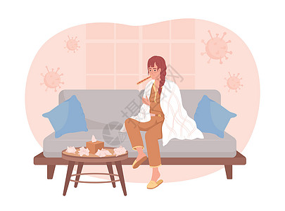 沙发2D病媒隔离插图中 有流感的妇女坐在沙发上图片
