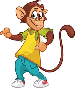 卡通猴子舞蹈 矢量插图 黑猩猩舞者吉祥物快乐说唱歌手狒狒艺术裤子牛仔裤猕猴荒野图片