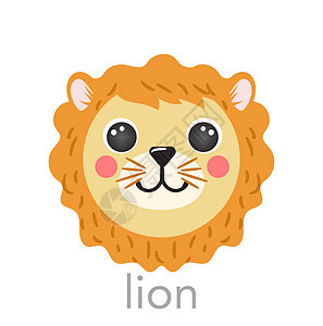 狮子狮可爱的肖像 配有姓名文字笑脸头卡通漫画圆形动物脸孔 孤立矢量图标插图图片