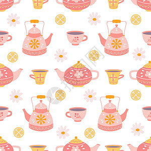 茶壶和杯子 茶叶 花菊和白底柠檬 平手画式的矢量无缝模式图片
