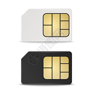 名片卡矢量 3d 逼真白色和黑色塑料 Sim 卡模板集隔离 用于样机 品牌的 Sim 卡设计模板 正视图芯片模拟手机系统公司白卡商业推插画